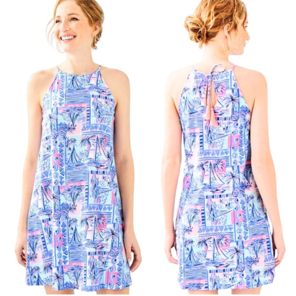 Lilly Pulitzer Margot Tie Neck Tassel Swing Dress in Whisper Blue Yeah Buoy - S